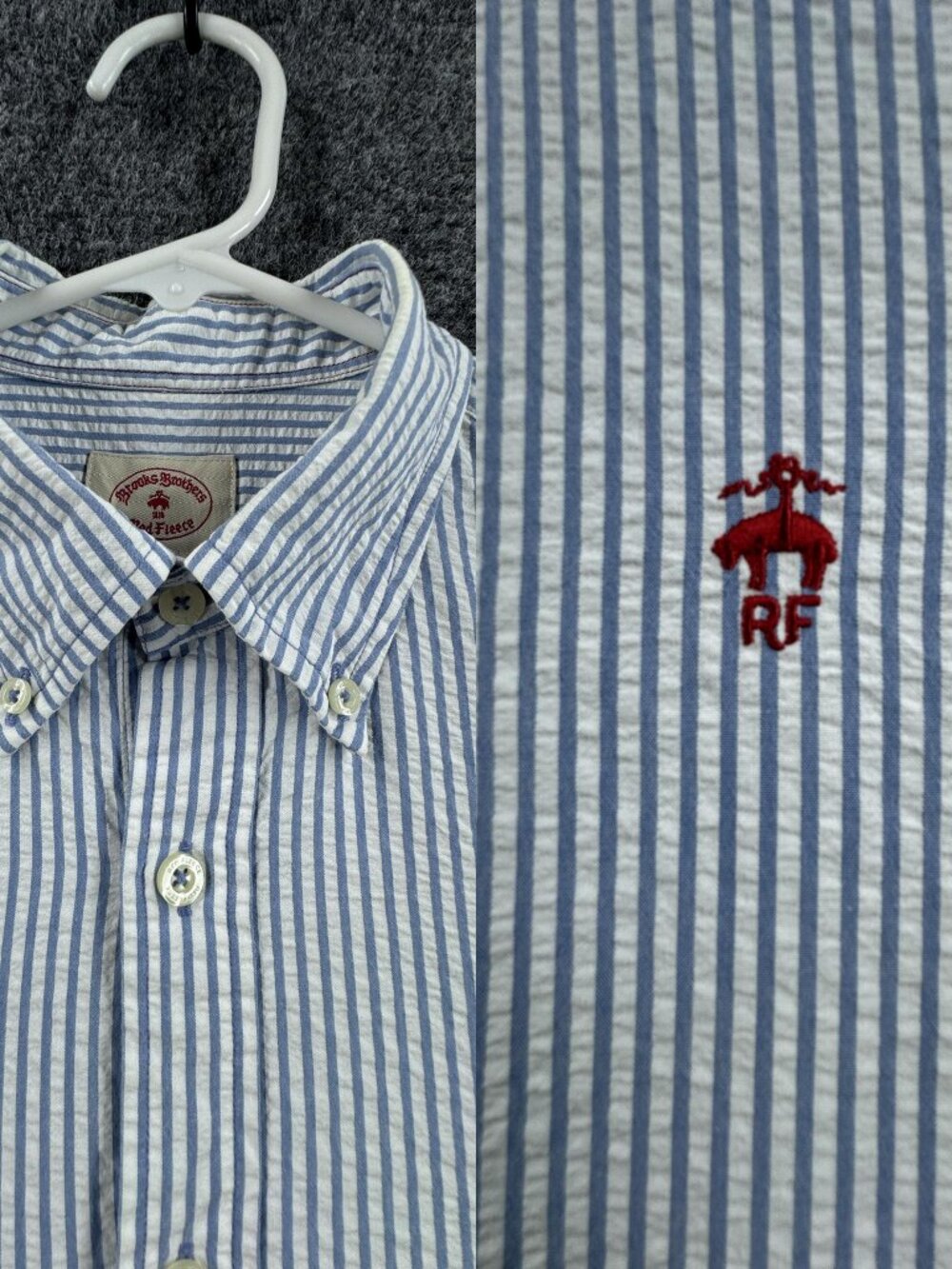 Brooks Brothers Seersucker Red Fleece Button-Down Cotton Striped Men Logo Woven